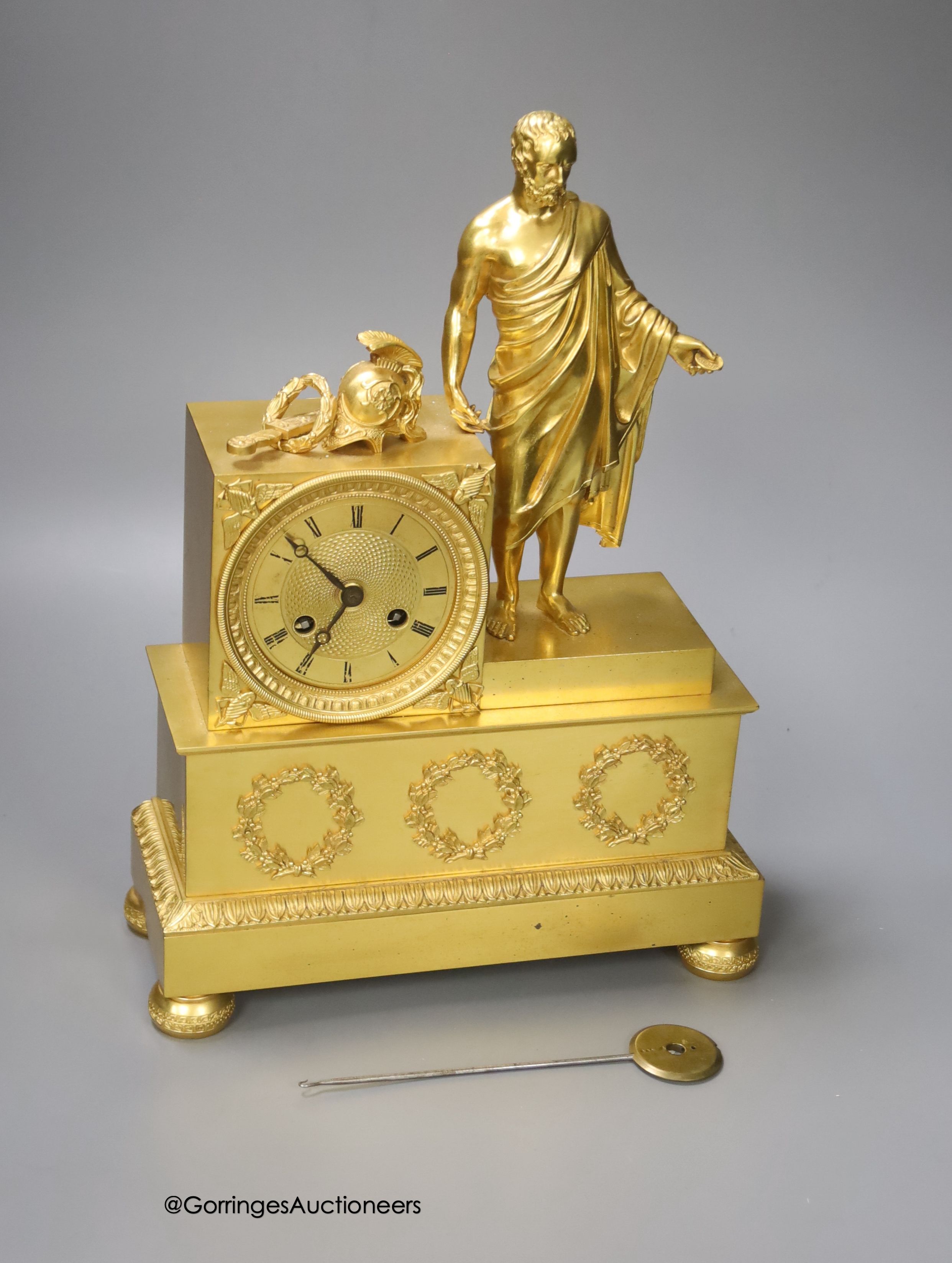 A French Empire style ormolu mantel clock, c.1820, countwheel striking on a bell, height 32cm